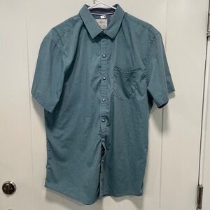 Craft Flow Mens Large Short Sleeve‎ Button Down Shirt Teal Blue Stretch Pocket